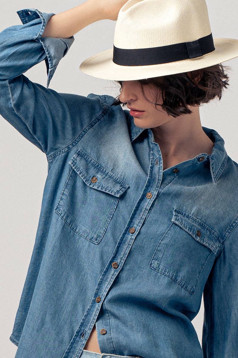 Classic Tencel Utility Casual Button Down Chambray Shirt