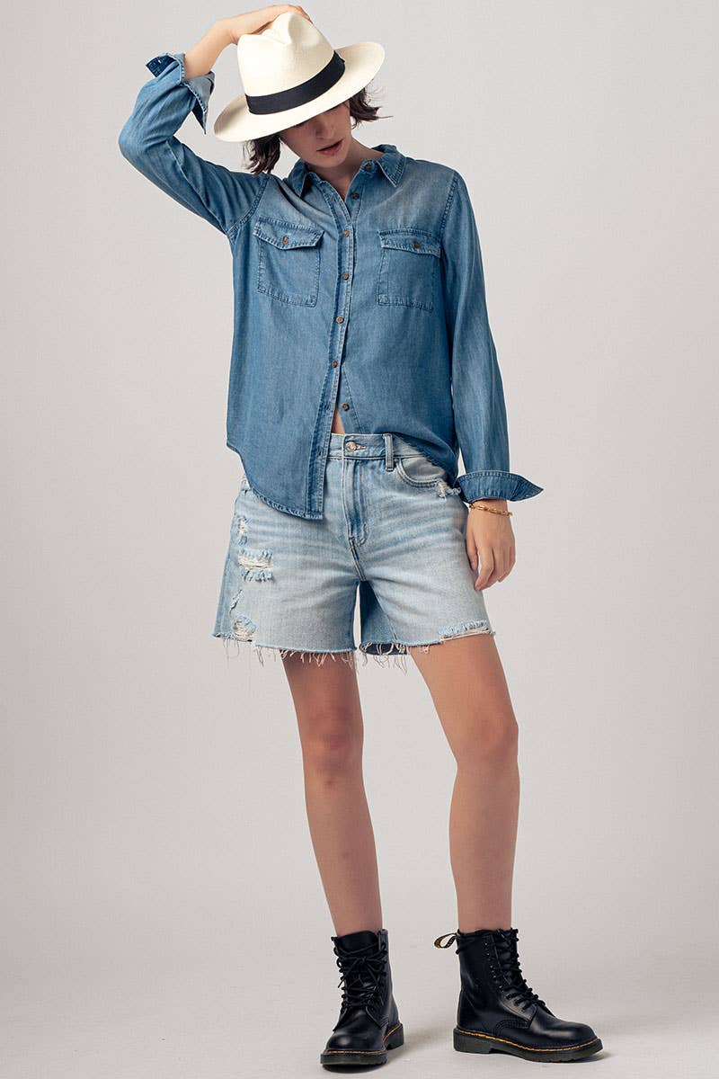 Classic Tencel Utility Casual Button Down Chambray Shirt