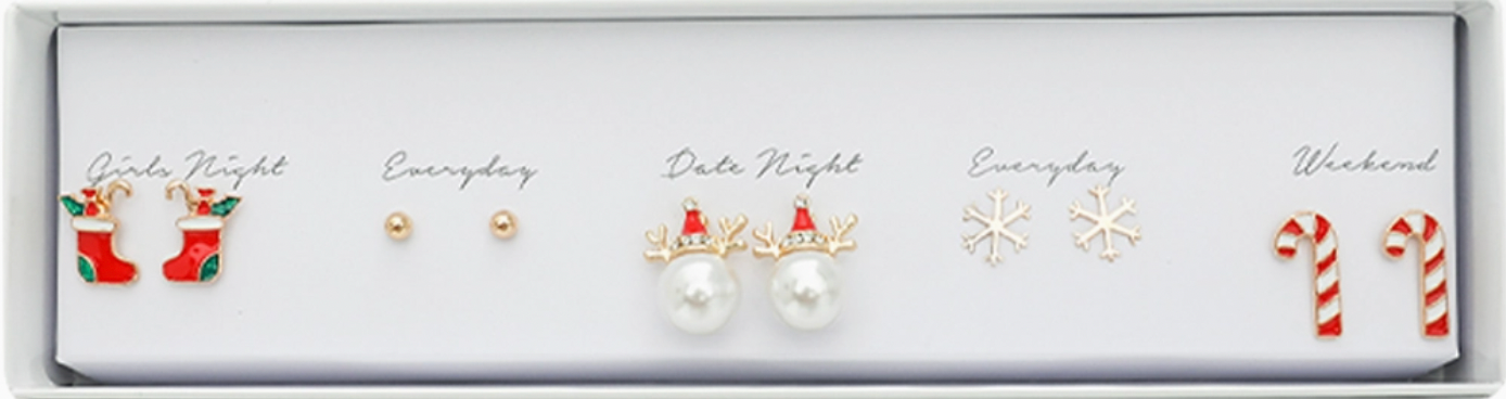 5 Pairs of Holiday Themed Stud Earrings