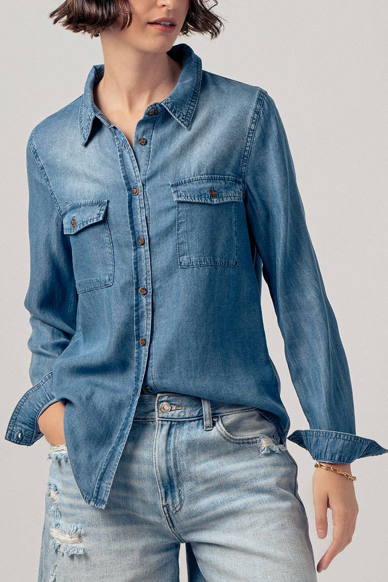 Classic Tencel Utility Casual Button Down Chambray Shirt