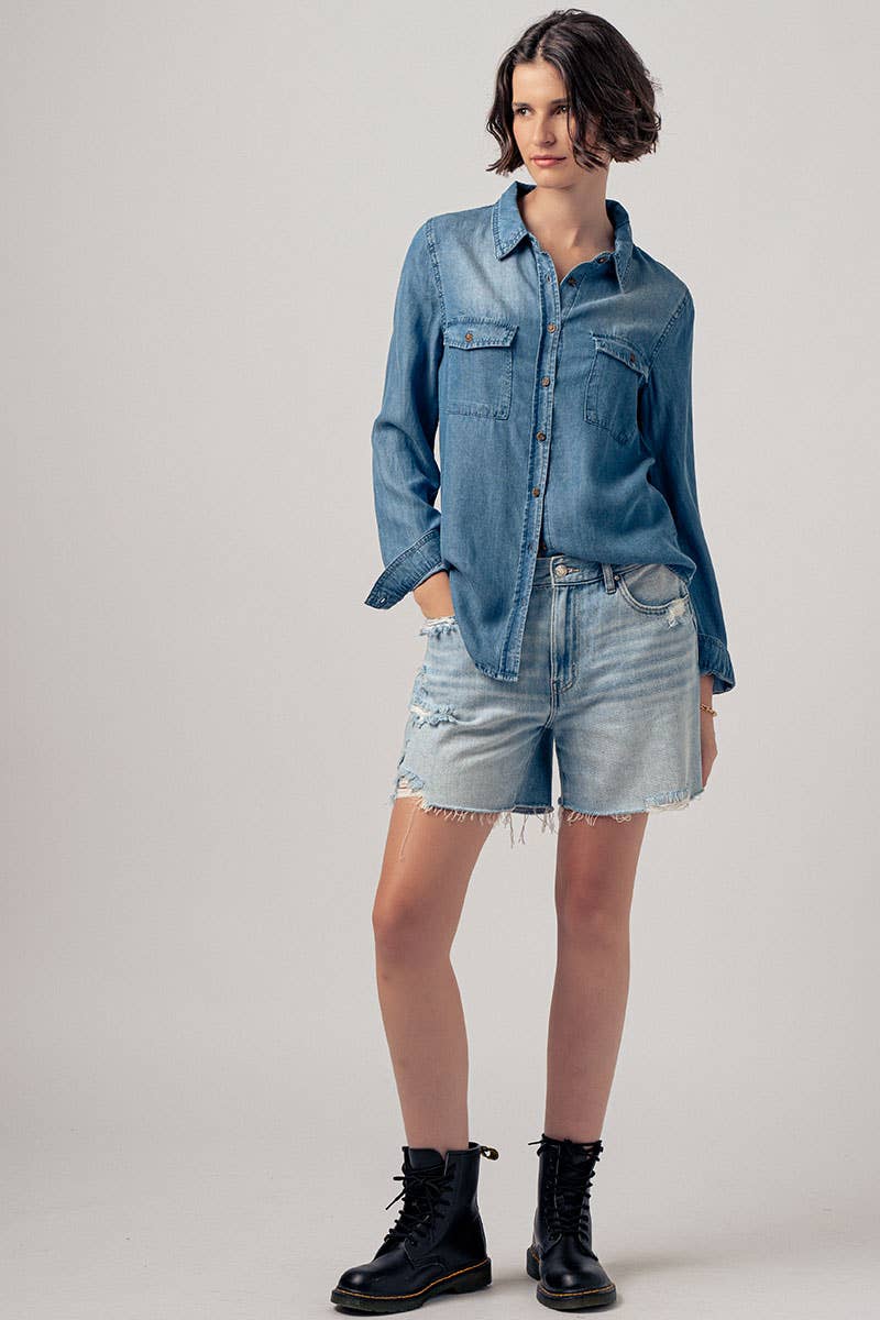 Classic Tencel Utility Casual Button Down Chambray Shirt