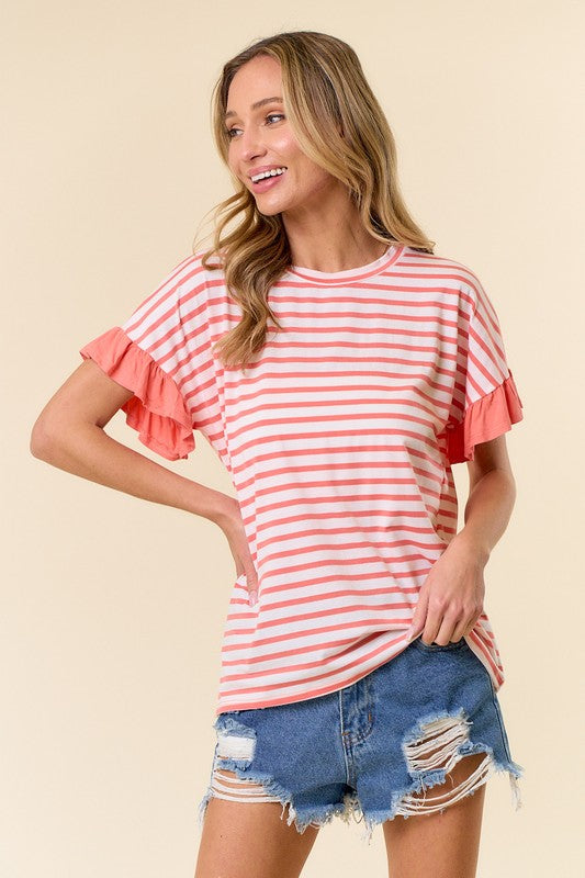 Ruffle Sleeve Striped Top