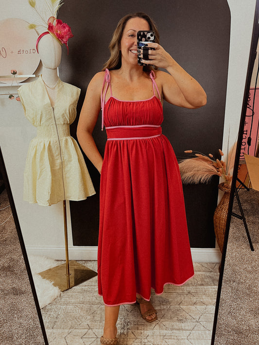 Red Maxi Dress with Pink Trim
